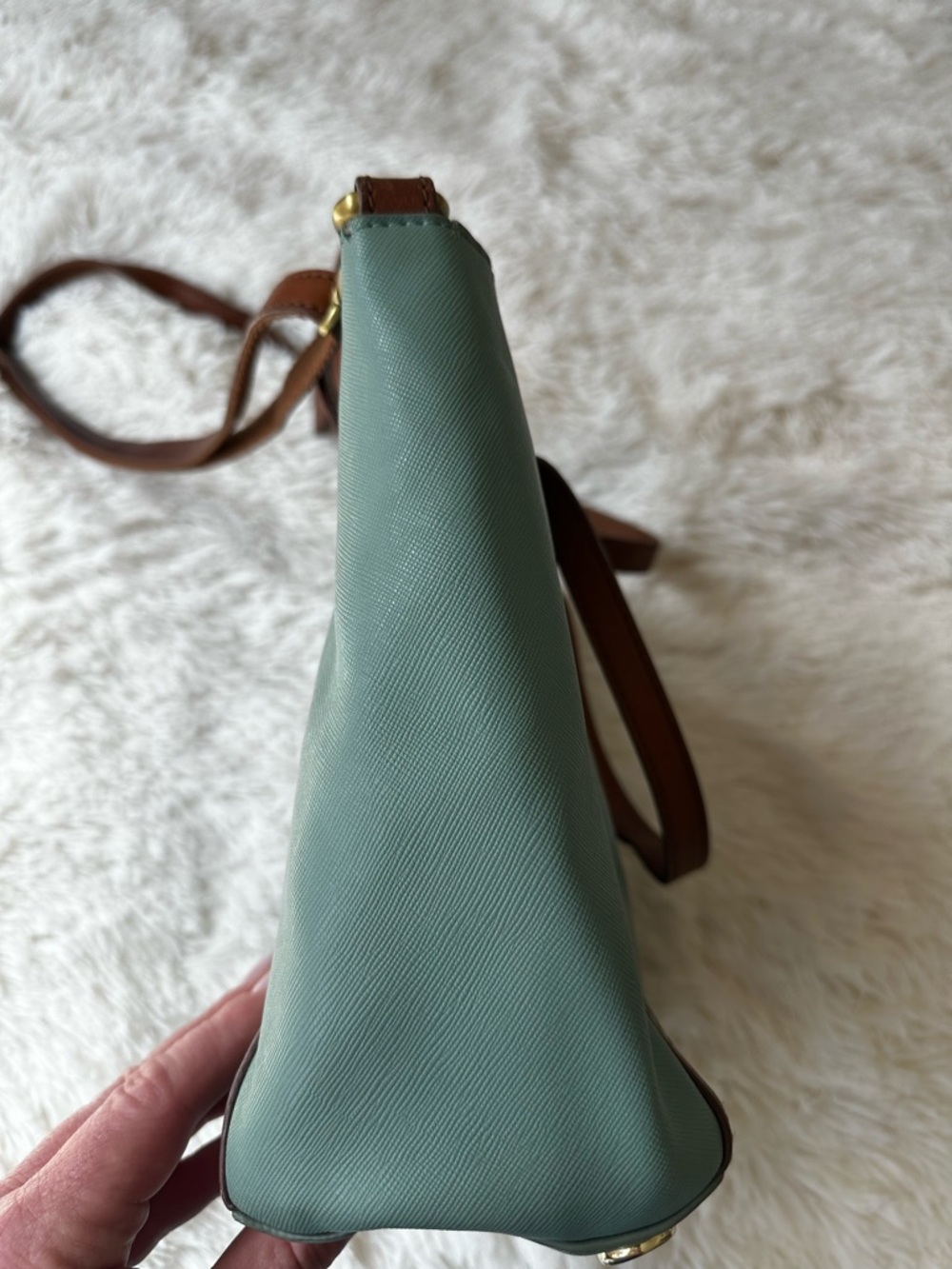 Fossil Sage Green Crossbody Shoulder Tote Bag Brown Leather Trim Everyday Purse - Picture 5 of 13